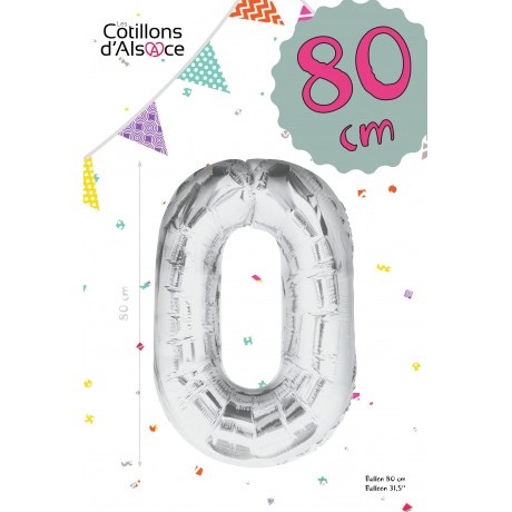 BALLON MYLAR ARGENT 80 CM - CHIFFRE 0 - COTILLONS D'ALSACE sur Hélène & Compagnie